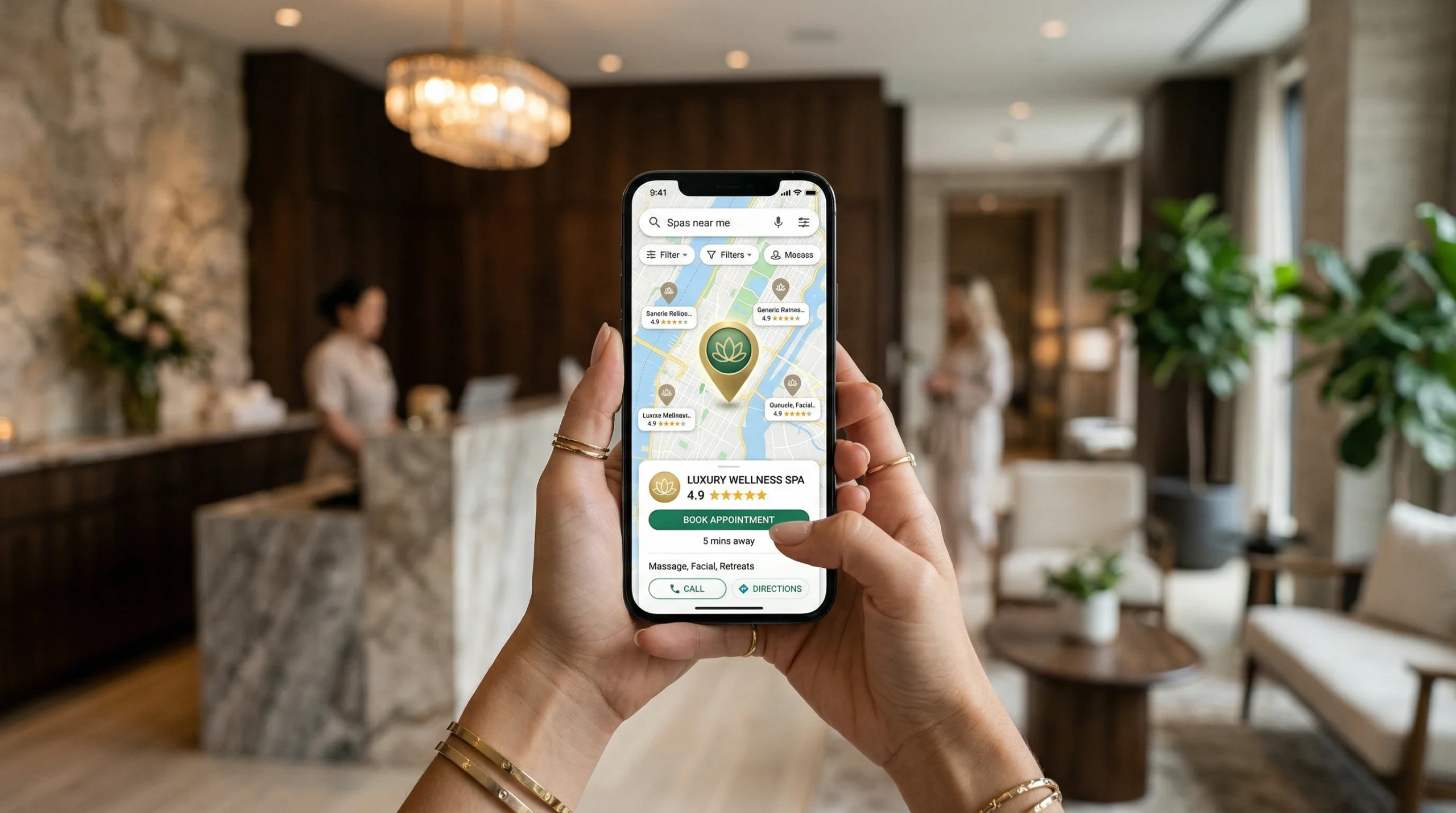Smartphone showing spas near me search results with map and Google Business Profile listings — illustrating how local SEO for spas drives visibility