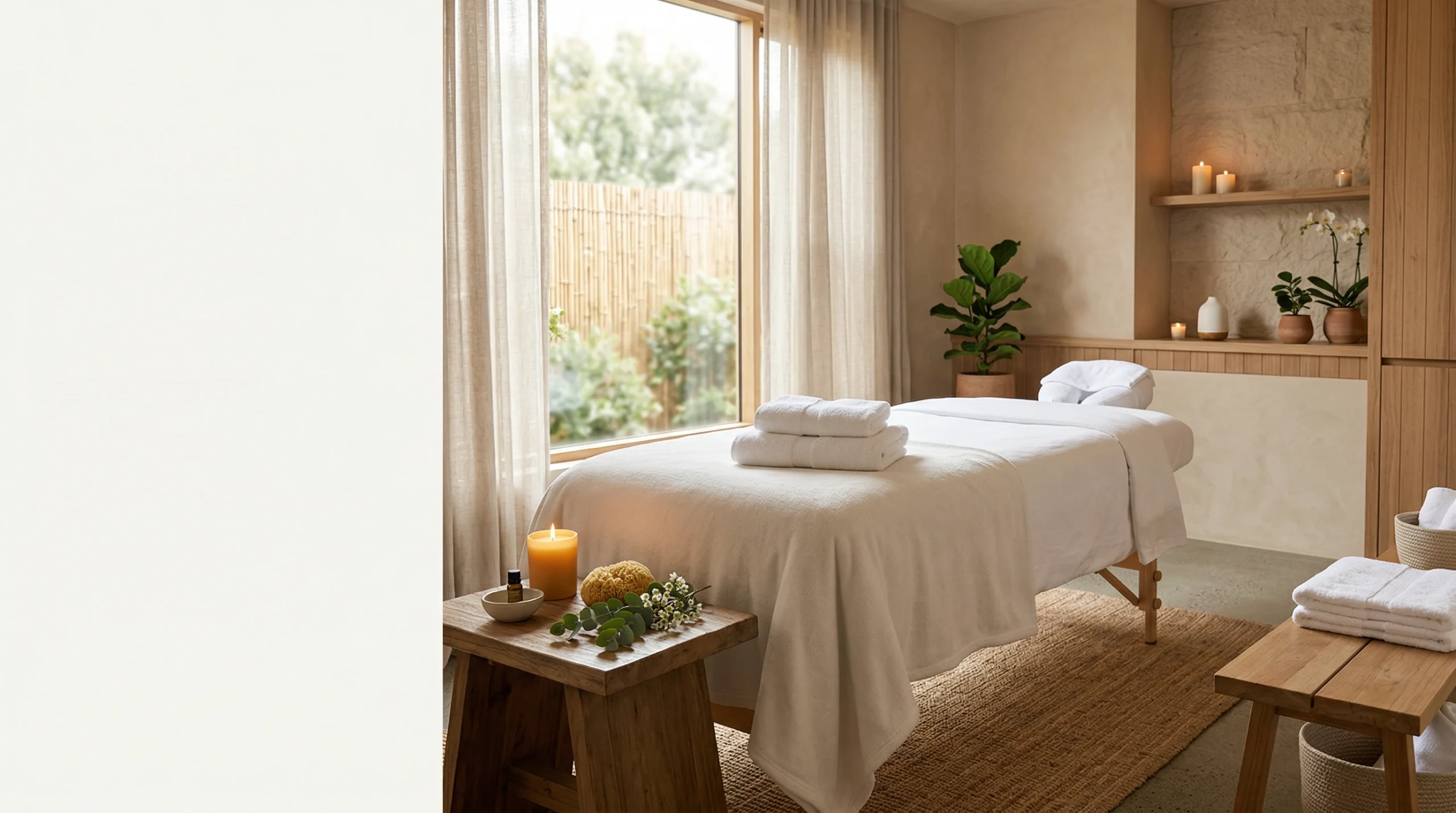 Elegant luxury spa interior with treatment bed, white towels, and natural light — representing the premium spa experience that SEO helps clients discover